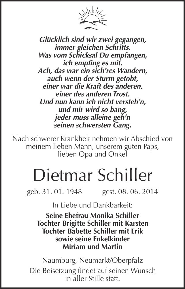  Traueranzeige für Dietmar Schiller vom 18.06.2014 aus WVG - Wochenspiegel NMB / WSF / ZTZ