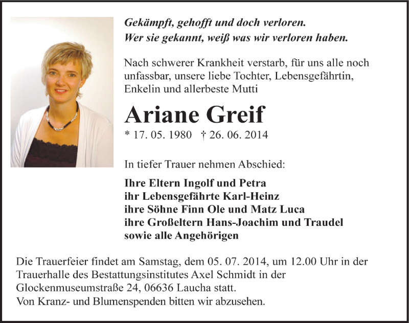  Traueranzeige für Ariane Greif vom 01.07.2014 aus Mitteldeutsche Zeitung Naumburg/Nebra