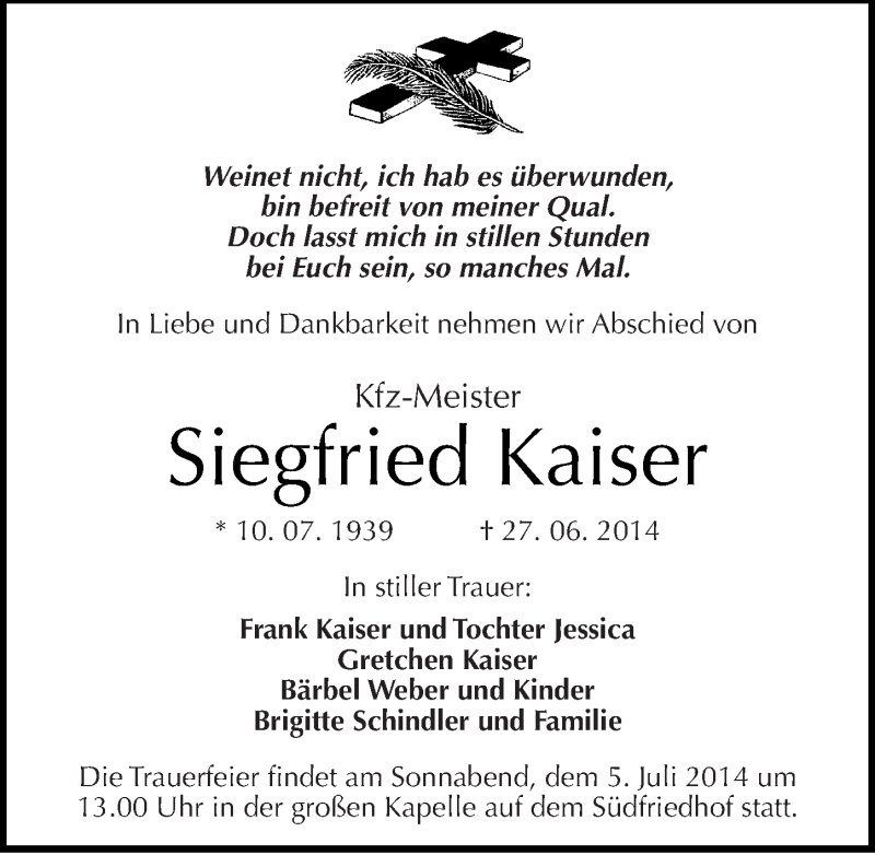  Traueranzeige für Siegfried Kaiser vom 01.07.2014 aus Mitteldeutsche Zeitung Halle/Saalkreis