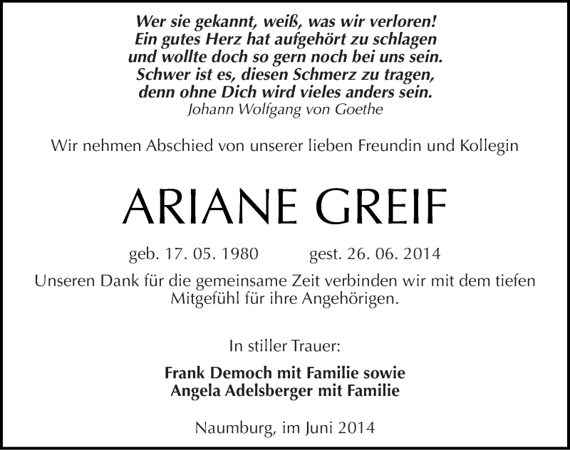  Traueranzeige für Ariane Greif vom 03.07.2014 aus Mitteldeutsche Zeitung Naumburg/Nebra