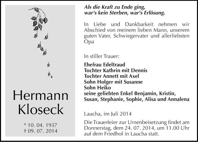  Traueranzeige für Hermann Kloseck vom 12.07.2014 aus Mitteldeutsche Zeitung Naumburg/Nebra