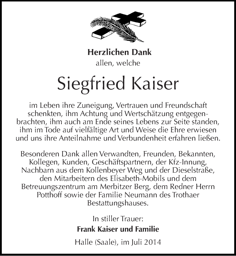  Traueranzeige für Siegfried Kaiser vom 19.07.2014 aus Mitteldeutsche Zeitung Halle/Saalkreis