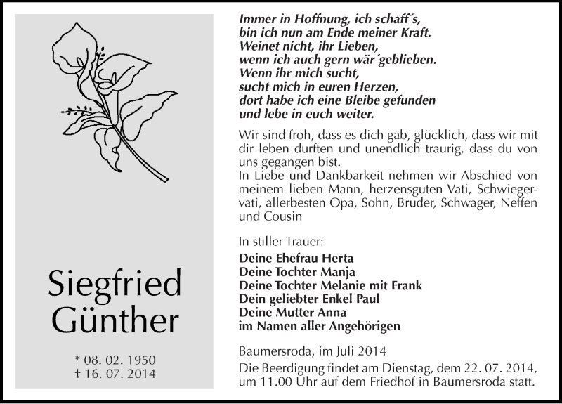  Traueranzeige für Siegfried Günther vom 19.07.2014 aus Mitteldeutsche Zeitung Naumburg/Nebra