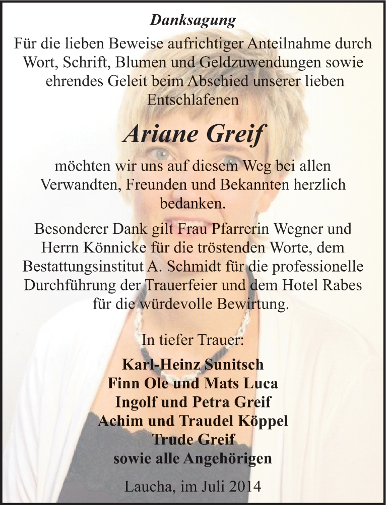  Traueranzeige für Ariane Greif vom 19.07.2014 aus Mitteldeutsche Zeitung Naumburg/Nebra