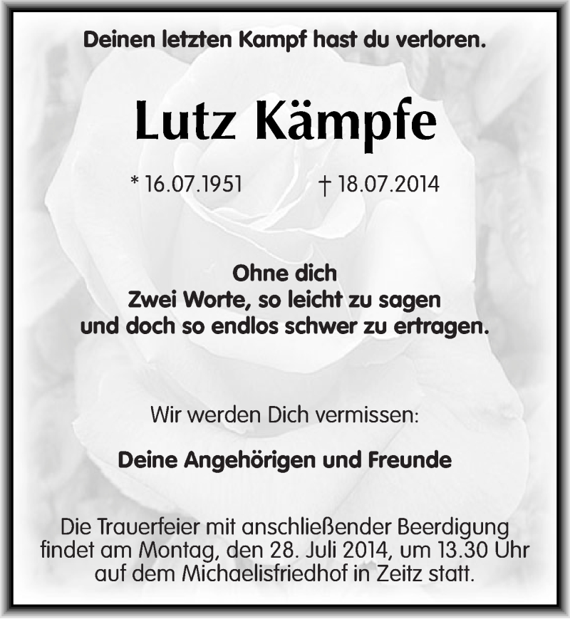  Traueranzeige für Lutz Kämpfe vom 23.07.2014 aus Mitteldeutsche Zeitung Halle/Saalkreis