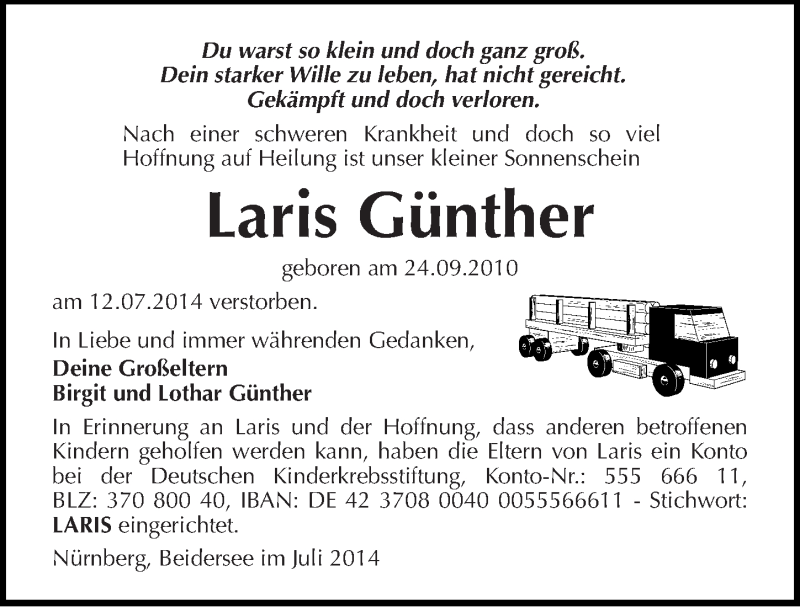  Traueranzeige für Laris Günther vom 23.07.2014 aus Mitteldeutsche Zeitung Halle/Saalkreis