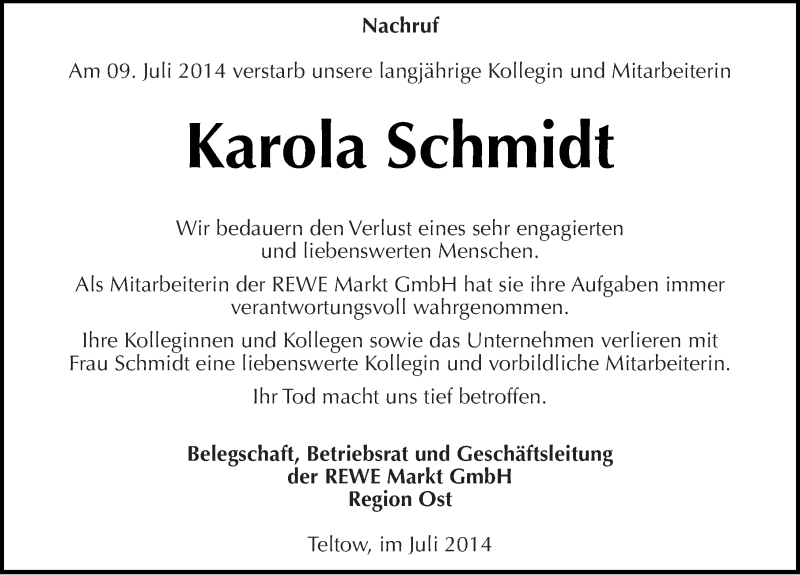  Traueranzeige für Karola Schmidt vom 25.07.2014 aus Mitteldeutsche Zeitung Aschersleben