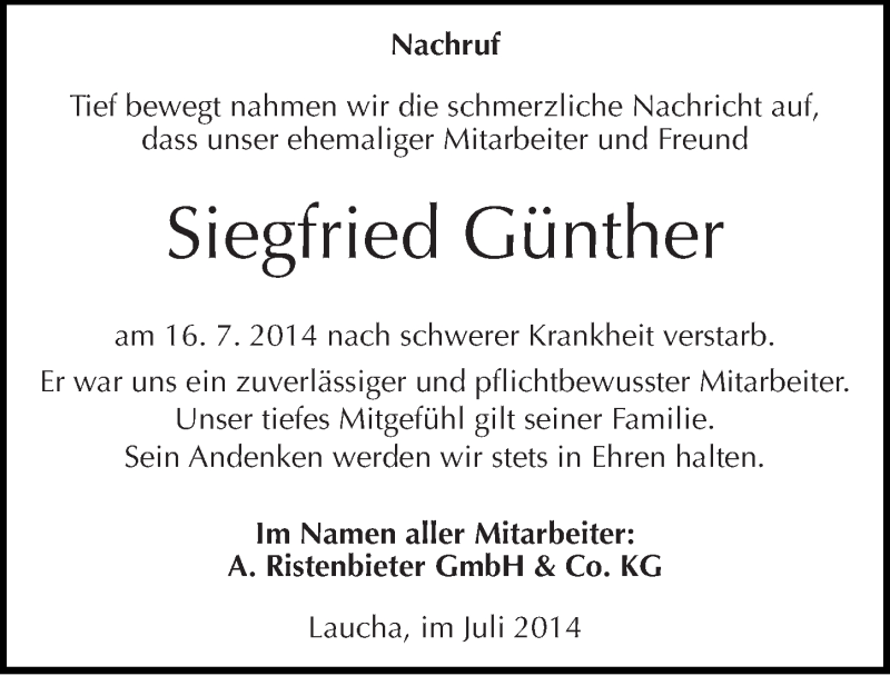  Traueranzeige für Siegfried Günther vom 24.07.2014 aus Mitteldeutsche Zeitung Naumburg/Nebra