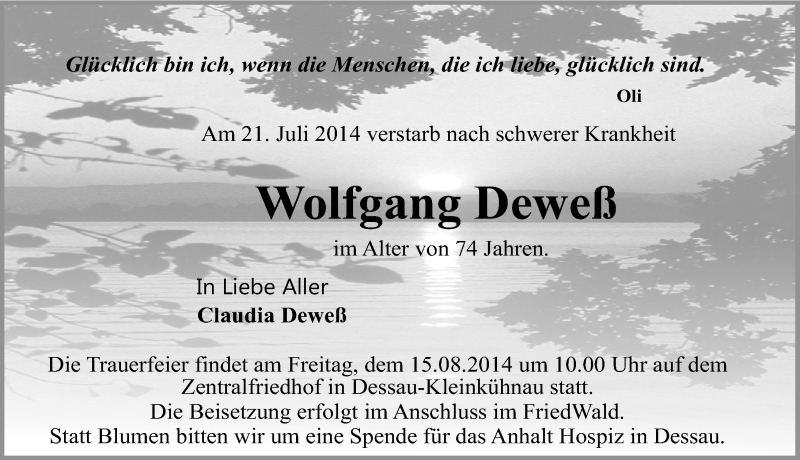 Traueranzeige für Wolfgang Deweß vom 26.07.2014 aus Mitteldeutsche Zeitung Dessau-Roßlau