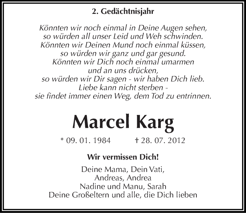  Traueranzeige für Marcel Karg vom 28.07.2014 aus Mitteldeutsche Zeitung Halle/Saalkreis