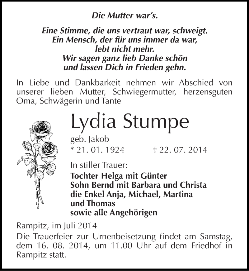  Traueranzeige für Lydia Stumpe vom 26.07.2014 aus Mitteldeutsche Zeitung Merseburg/Querfurt