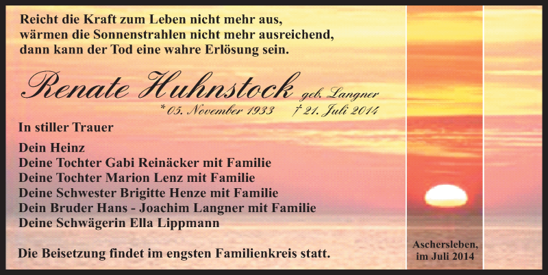  Traueranzeige für Renate Huhnstock vom 26.07.2014 aus Mitteldeutsche Zeitung Aschersleben