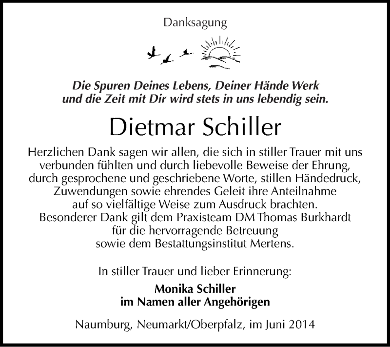  Traueranzeige für Dietmar Schiller vom 02.07.2014 aus WVG - Wochenspiegel NMB / WSF / ZTZ