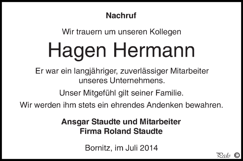  Traueranzeige für Hagen Hermann vom 13.07.2014 aus Super Sonntag Zeitz