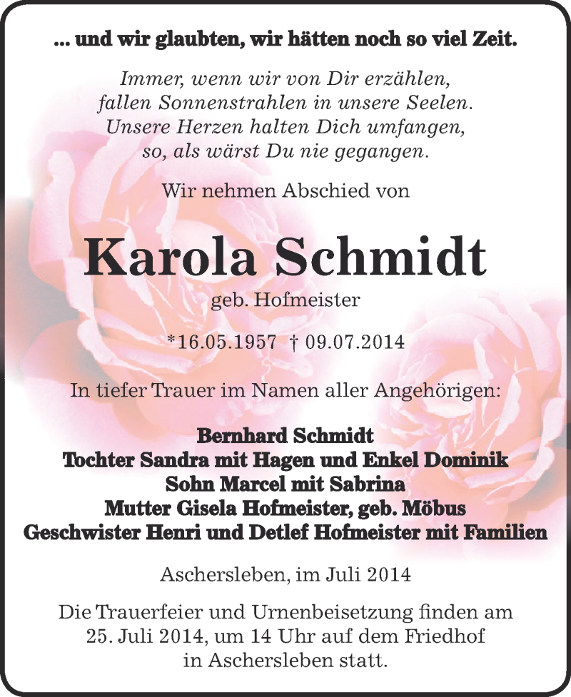  Traueranzeige für Karola Schmidt vom 13.07.2014 aus Super Sonntag Aschersleben