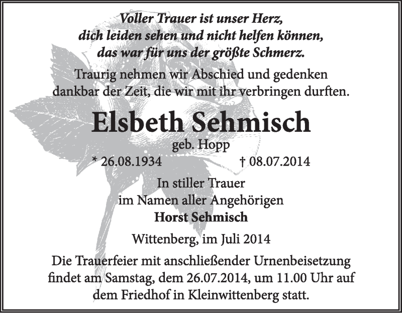  Traueranzeige für Elsbeth Sehmisch vom 20.07.2014 aus WVG - Wochenspiegel Wittenberg