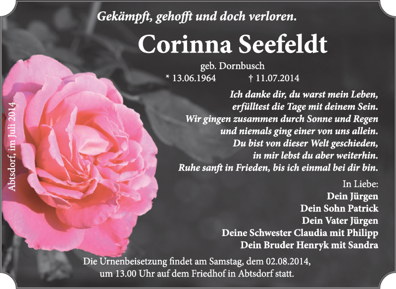  Traueranzeige für Corinna Seefeldt vom 20.07.2014 aus Super Sonntag Wittenberg