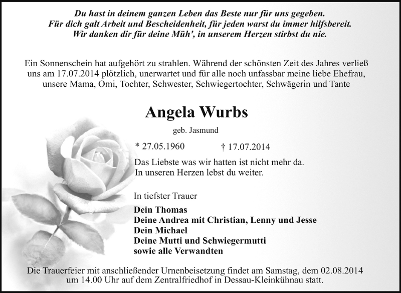  Traueranzeige für Angela Wurbs vom 27.07.2014 aus Super Sonntag Dessau / Köthen