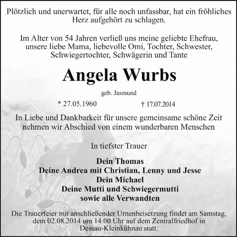  Traueranzeige für Angela Wurbs vom 30.07.2014 aus Super Sonntag Dessau / Köthen
