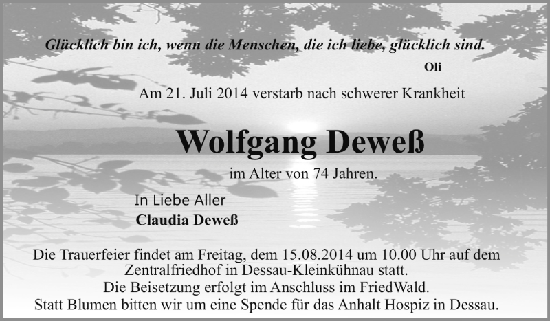  Traueranzeige für Wolfgang Deweß vom 27.07.2014 aus Super Sonntag Dessau / Köthen