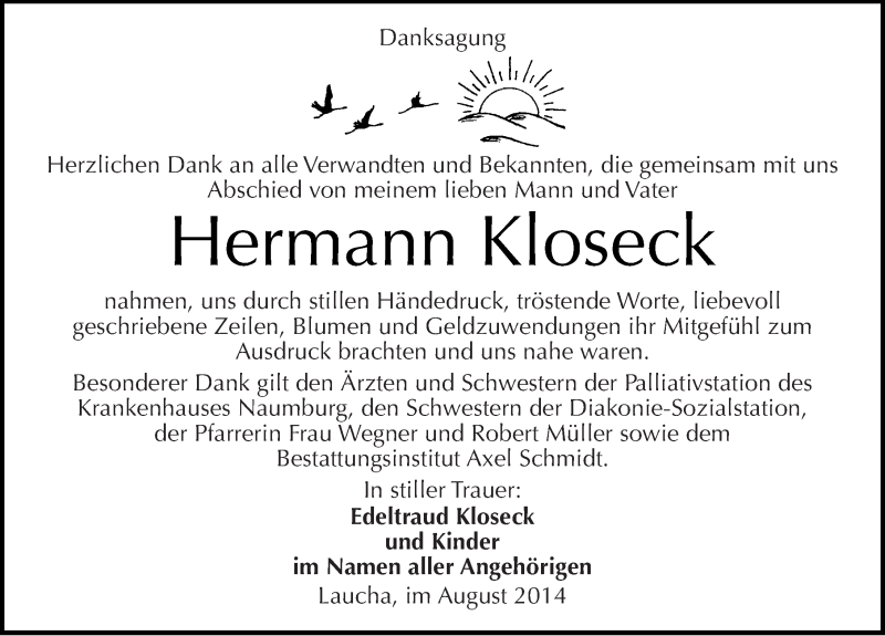  Traueranzeige für Hermann Kloseck vom 02.08.2014 aus Mitteldeutsche Zeitung Naumburg/Nebra