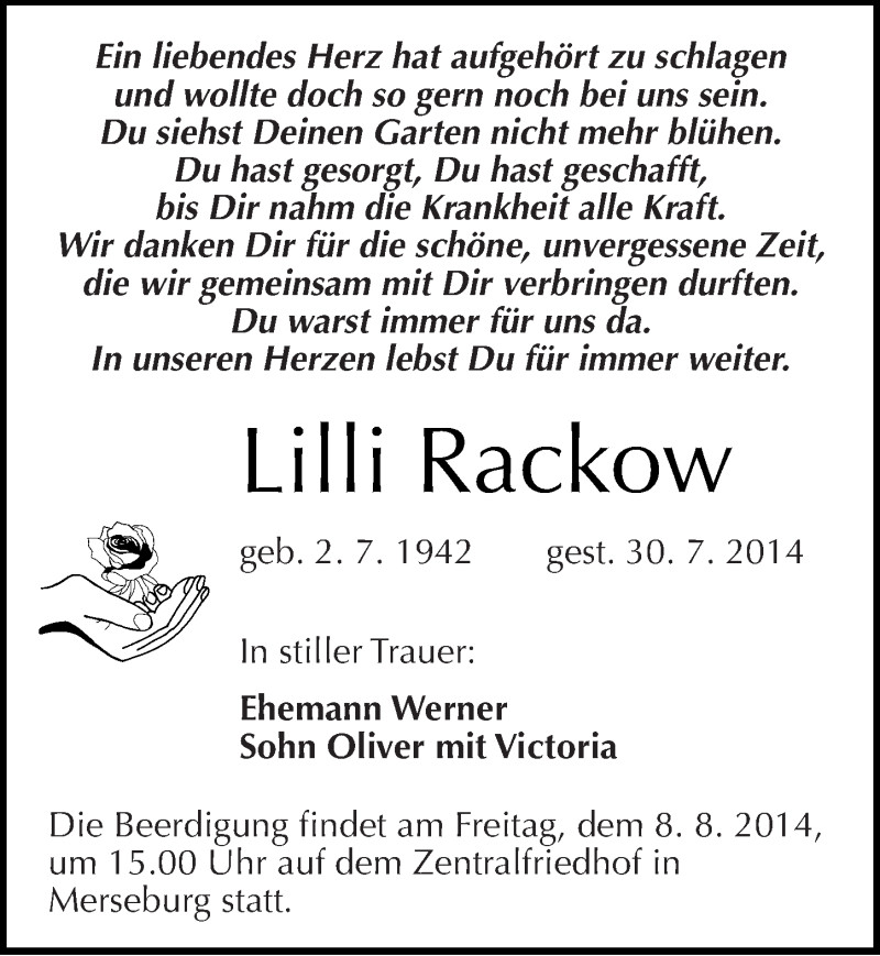  Traueranzeige für Lilli Rackow vom 02.08.2014 aus Mitteldeutsche Zeitung Merseburg/Querfurt