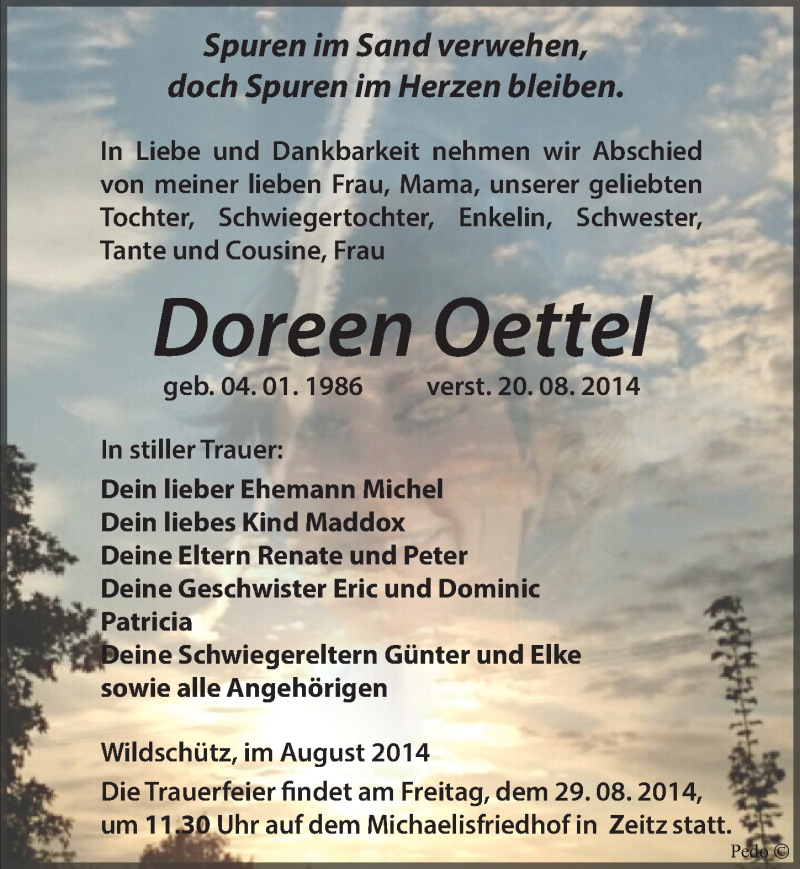  Traueranzeige für Doreen Oettel vom 27.08.2014 aus Mitteldeutsche Zeitung Zeitz