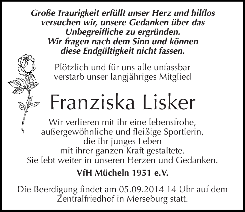  Traueranzeige für Franziska Lisker vom 30.08.2014 aus Mitteldeutsche Zeitung Merseburg/Querfurt