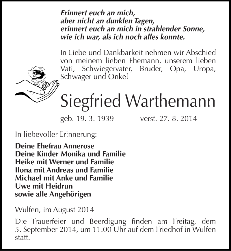  Traueranzeige für Siegfried Warthemann vom 30.08.2014 aus Mitteldeutsche Zeitung Köthen