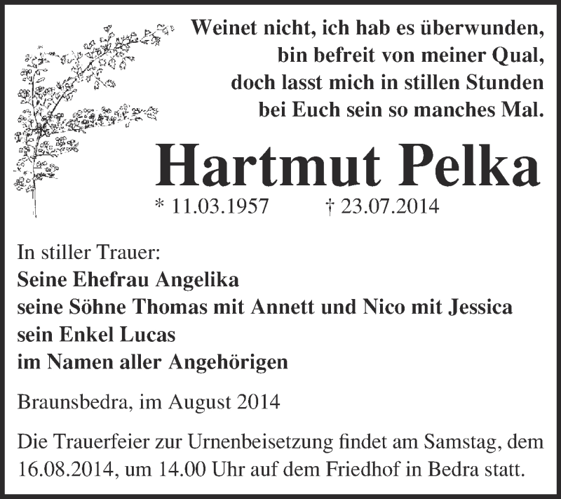  Traueranzeige für Hartmut Pelka vom 03.08.2014 aus Super Sonntag Merseburg
