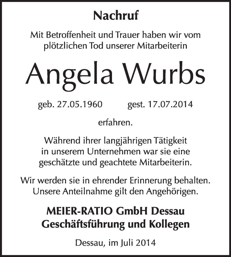  Traueranzeige für Angela Wurbs vom 03.08.2014 aus Super Sonntag Dessau / Köthen
