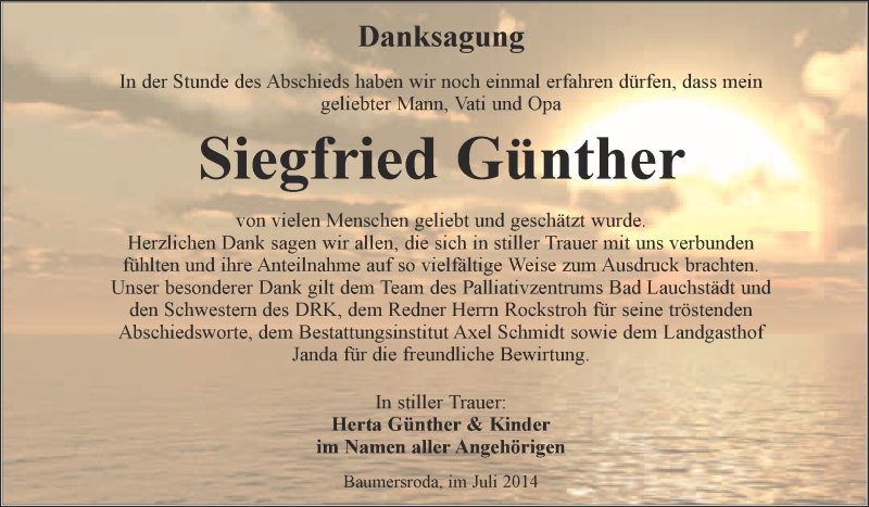  Traueranzeige für Siegfried Günther vom 06.08.2014 aus WVG - Wochenspiegel NMB / WSF / ZTZ