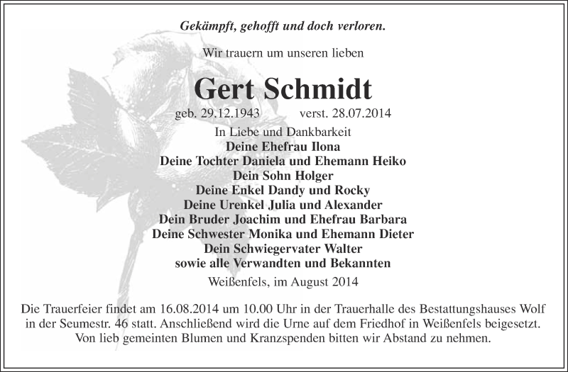  Traueranzeige für Gert Schmidt vom 06.08.2014 aus WVG - Wochenspiegel NMB / WSF / ZTZ