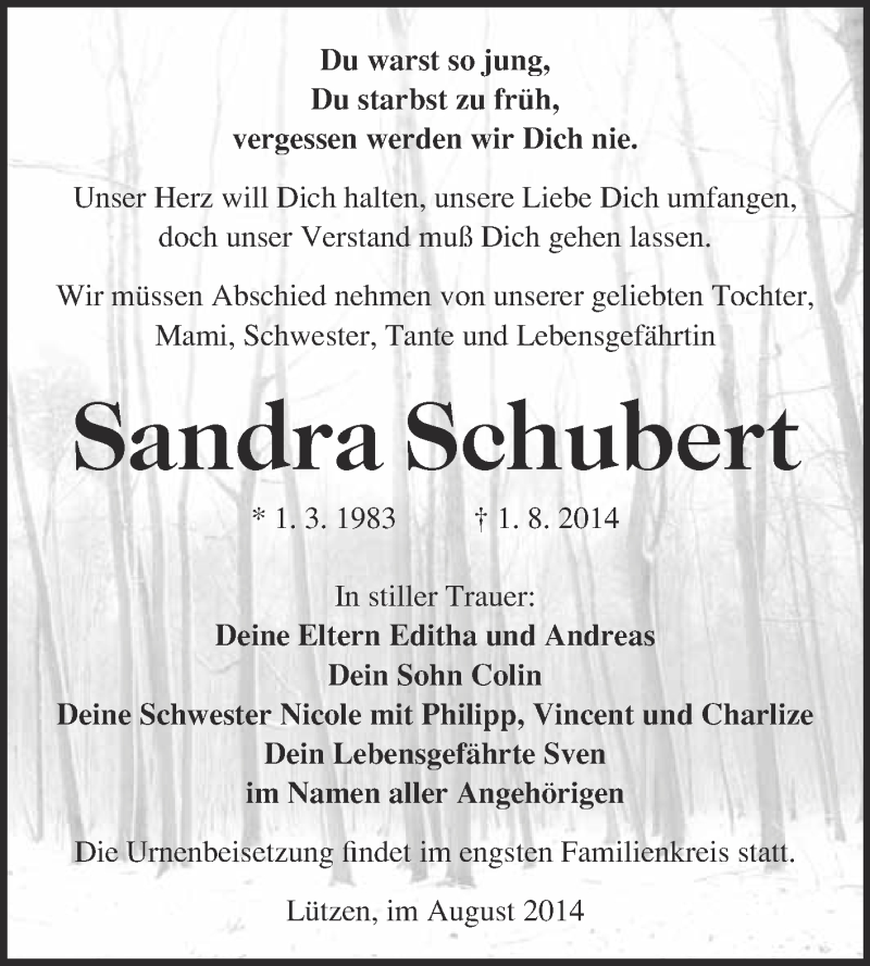  Traueranzeige für Sandra Schubert vom 13.08.2014 aus Super Sonntag Merseburg