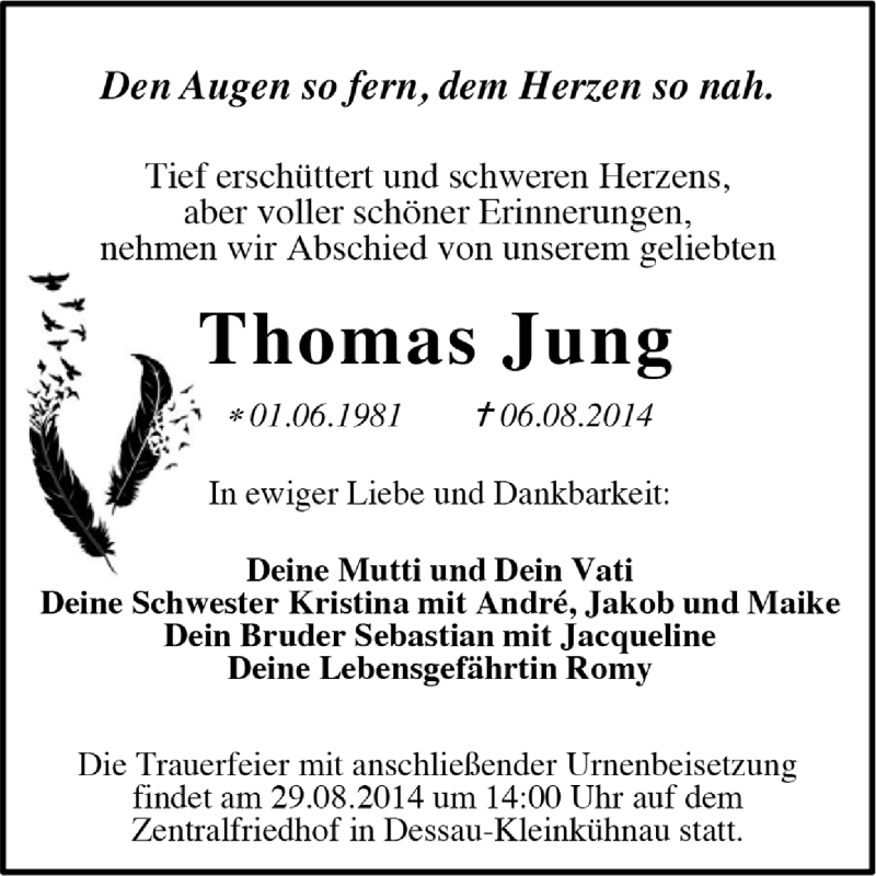  Traueranzeige für Thomas Jung vom 17.08.2014 aus Super Sonntag Dessau / Köthen