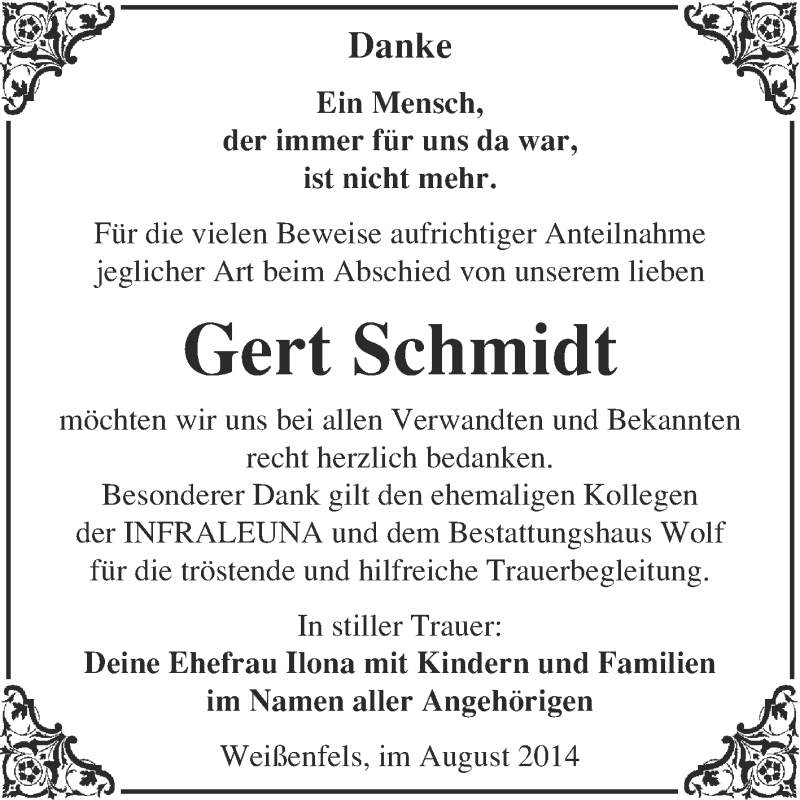  Traueranzeige für Gert Schmidt vom 27.08.2014 aus WVG - Wochenspiegel NMB / WSF / ZTZ