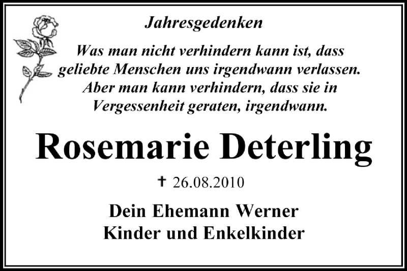  Traueranzeige für Rosemarie Deterling vom 24.08.2014 aus Super Sonntag Dessau / Köthen
