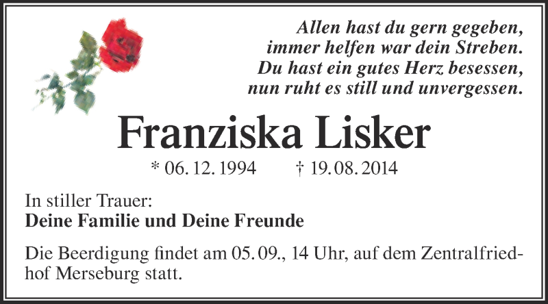  Traueranzeige für Franziska Lisker vom 31.08.2014 aus Super Sonntag Merseburg