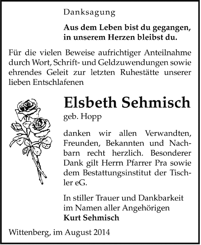  Traueranzeige für Elsbeth Sehmisch vom 31.08.2014 aus WVG - Wochenspiegel Wittenberg