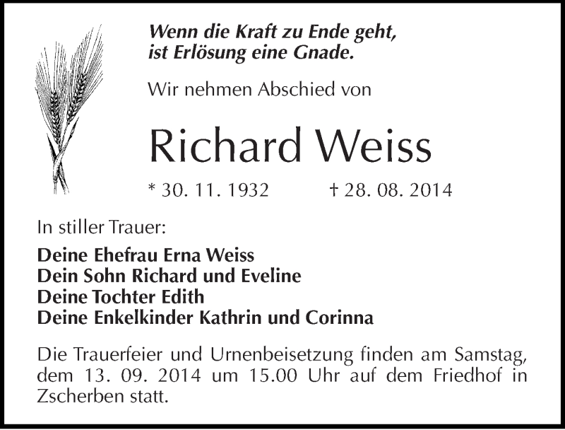  Traueranzeige für Richard Weiss vom 06.09.2014 aus Mitteldeutsche Zeitung Halle/Saalkreis