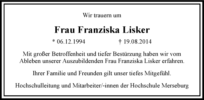  Traueranzeige für Franziska Lisker vom 04.09.2014 aus Mitteldeutsche Zeitung Merseburg/Querfurt