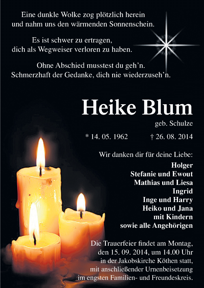  Traueranzeige für Heike Blum vom 05.09.2014 aus Mitteldeutsche Zeitung Köthen