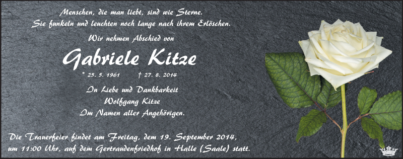  Traueranzeige für Gabriele Kitze vom 13.09.2014 aus Mitteldeutsche Zeitung Halle/Saalkreis