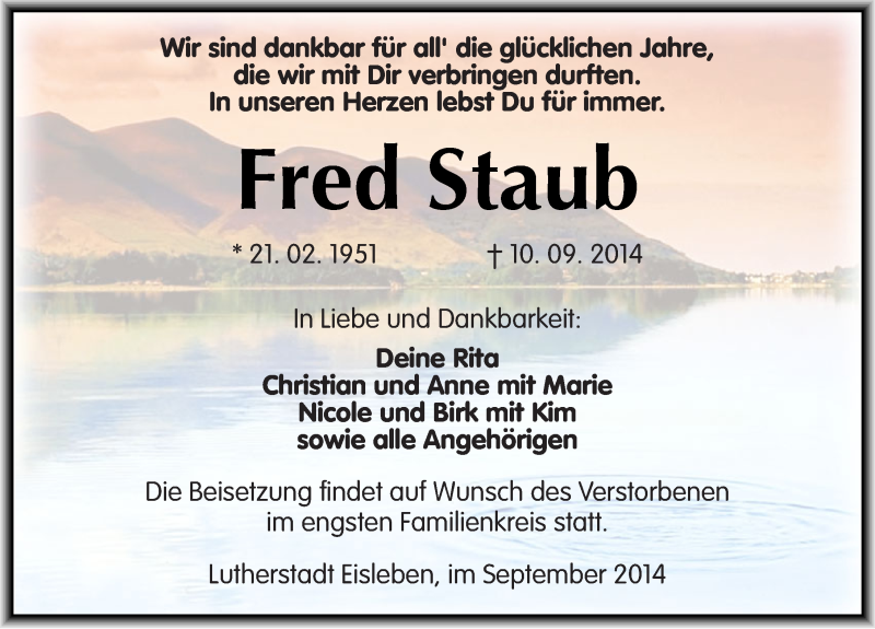  Traueranzeige für Fred Staub vom 13.09.2014 aus Mitteldeutsche Zeitung Mansfelder Land