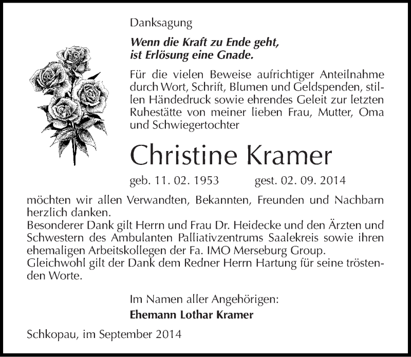  Traueranzeige für Christine Kramer vom 20.09.2014 aus Mitteldeutsche Zeitung Merseburg/Querfurt
