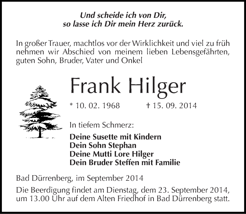  Traueranzeige für Frank Hilger vom 18.09.2014 aus Mitteldeutsche Zeitung Merseburg/Querfurt
