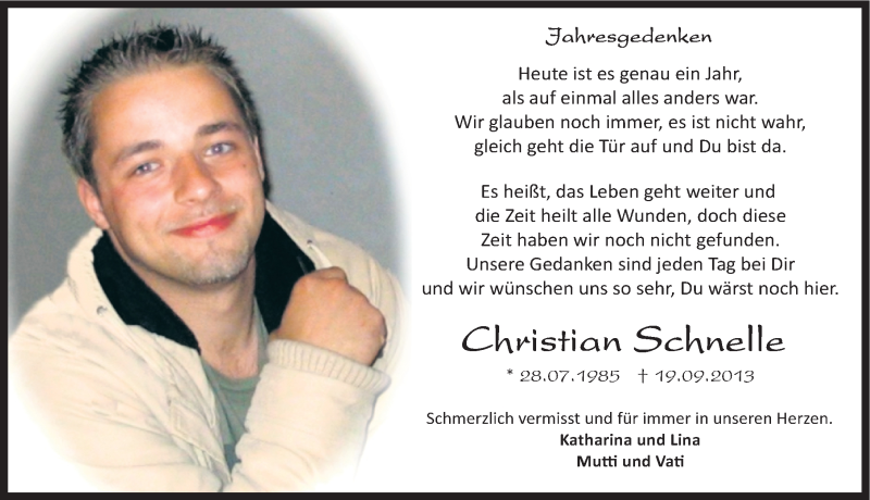  Traueranzeige für Christian Schnelle vom 19.09.2014 aus Mitteldeutsche Zeitung Sangerhausen