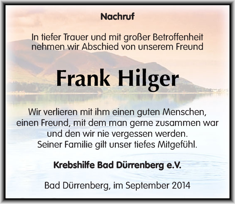  Traueranzeige für Frank Hilger vom 20.09.2014 aus Mitteldeutsche Zeitung Merseburg/Querfurt