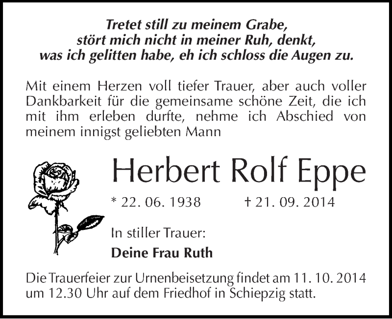  Traueranzeige für Herbert Rolf Eppe vom 27.09.2014 aus Mitteldeutsche Zeitung Halle/Saalkreis