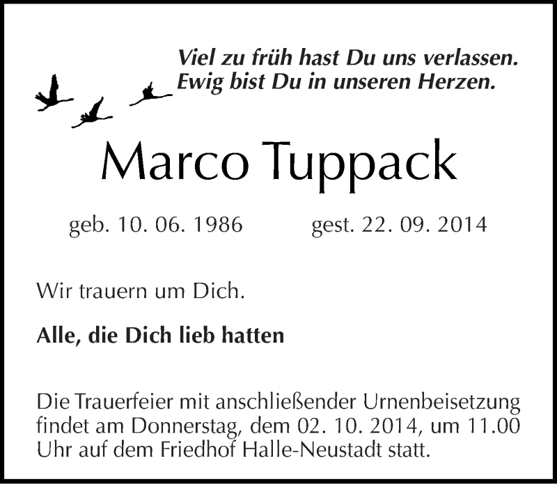  Traueranzeige für Marco Tuppack vom 27.09.2014 aus Mitteldeutsche Zeitung Halle/Saalkreis